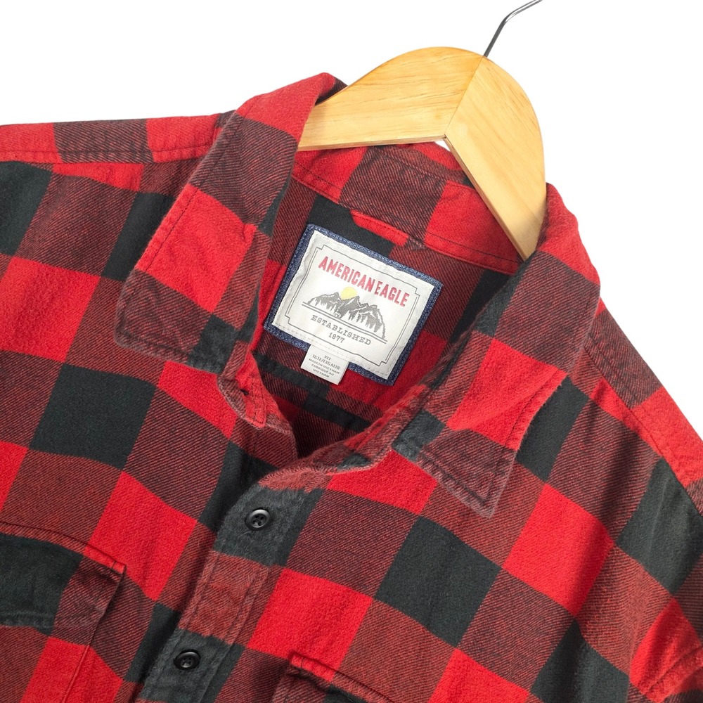 American Eagle Mens Flannel Shirt‎ XLT Red Black Plaid Button Up Long Sleeve